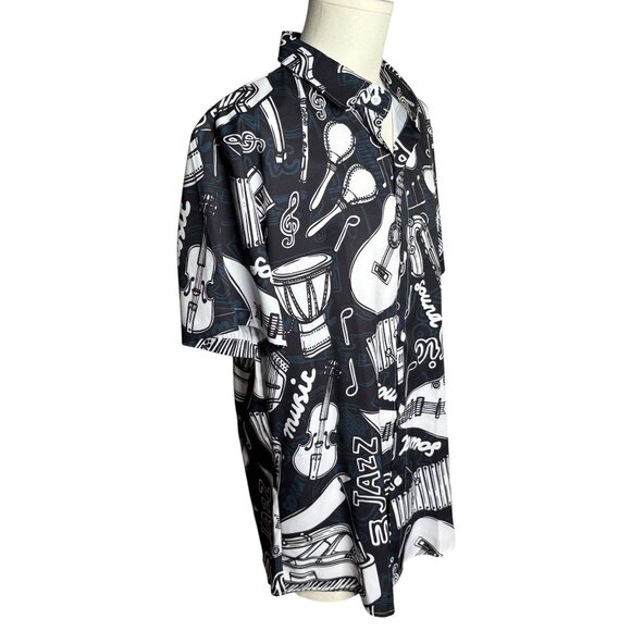Manfinity Music Themed Button Up Shirt Large Black White Short Sleeve Hawaiian - Picture 5 of 7